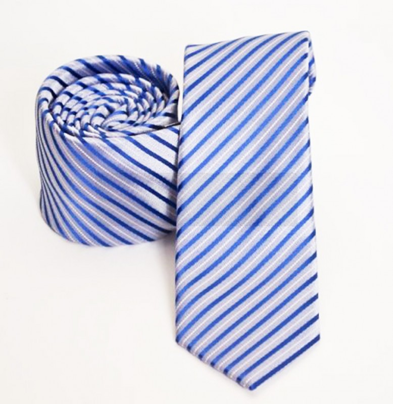    Prémium slim nyakkendő - Kék-ezüst csíkos